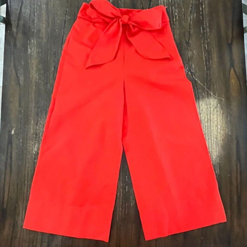 Kate Spade Slub Cotton Bow Tie Waist Culotte Pants Red Size 00 NWT - Picture 11 of 12